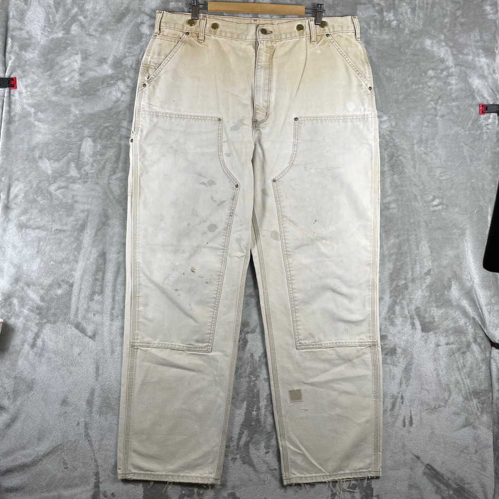 Carhartt Double Knee Pants Mens 40x34 White Tan B136-BRN Sun Faded Distressed